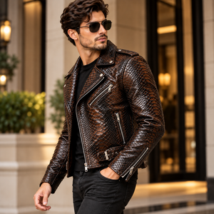 Mens Luxury Dark Brown Snake Skin Leather Embossed Breathable Winter Zip-Up Slim Fit Stand Streetwear <b>Biker</b> <b>Jacket</b> Wholesale - Product Image 3