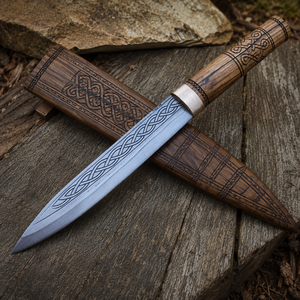 Couteau Viking en acier au carbone celtique fait main avec manche en bois sculpté et fourreau assorti - Product Image 1