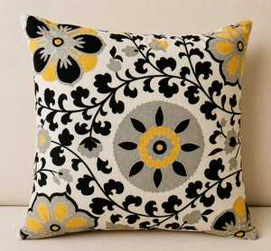 Floral Embroidered <b>Rectangular</b> <b>Cushion</b> Cover Bohemian Style Home Decor Blue Pink Yellow Green Pompom Trim - Product Image 3