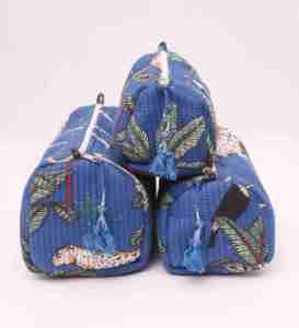Custom Quilted Cotton Cosmetic Bag Set Handmade Block Print Makeup Pouch Travel Toiletry Organizer Jewelry Bathroom 3 Piece Set - Product Image 1