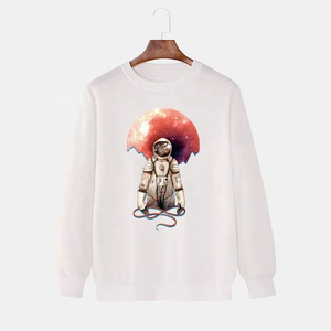 <b>Men's</b> <b>White</b> Astronaut Print Crew Neck Pullover <b>Sweatshirt</b> Regular Fit Casual Knitted Autumn Style Digital Printing - Product Image 1
