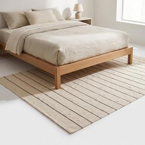 Exclusive Handwoven Flatweave Wool Kilim <b>Rug</b> - Modern Minimalist Cream Black <b>Thin</b> Striped Geometric Area Floor Carpet - Product Image 2
