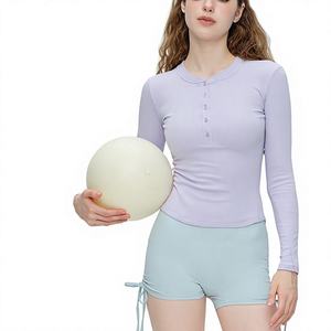 Spring Summer <b>Women's</b> Slim Fit Long Sleeve Yoga <b>Top</b> Retro <b>Henley</b> Neck Running Training Workout Fitness Sportswear T Shirt - Product Image 2