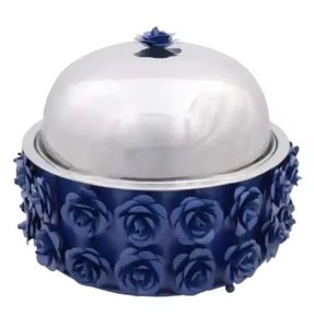 Pot à dattes floral bleu roi de luxe avec couvercle en dôme argenté, élégant bol de service pour le Ramadan, décoration islamique pour l'Aïd, plat à bonbons et noix - Product Image 1