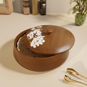 Boîte à roti en bois imprimée avec un motif floral, fabriquée à la main, boîte à chapati en bois, ensembles cadeaux, boîte à chapati en bois de forme ronde - Product Image 3