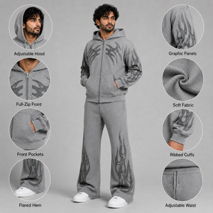 Ensemble de survêtement gris pour homme avec veste à capuche zippée et pantalon large à imprimé abstrait foncé pour le streetwear - Product Image 6