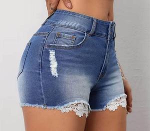 Shorts en jean taille haute pour femme avec bordure en dentelle, effet déchiré, coupe classique, tenue décontractée d'été, couleur unie - Product Image 3