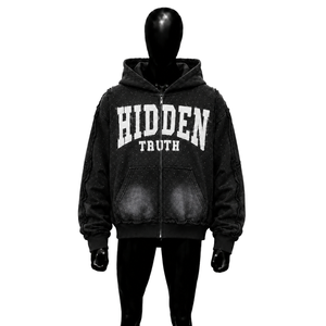 Sudadera con capucha con cremallera PREMIUM BLACK GRAPHIC HIDDEN TRUTH, estilo oversize, informal, de algodón tejido, con logo estampado frontal, estilo otoñal, COMFORT - Product Image 1