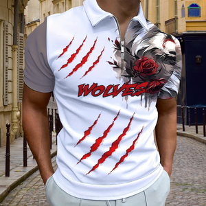 Polo Personalizado con Gráfico de Lobo en 3D para Hombre, Impresión por Sublimación Completa, Cierre de Cremallera 1/4, Blanco con Marca de Garra Roja, Ropa Urbana Hipster de Verano - Product Image 6