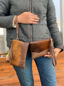 Bolso de mano de cuero de vaca real, monedero, cartera marrón, parches occidentales tallados, pelo en piel oculta, bolso de mano de cuero - Product Image 3