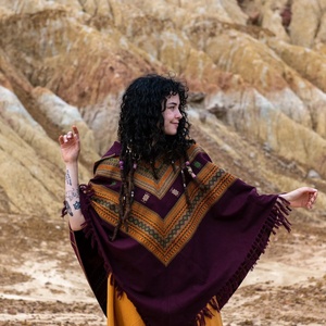 Tribal Pattern Hooded <b>Poncho</b> Ceremony Shawl Ethnic Boho Festival Wear Warm Winter Cloak Stylish Inspired Wrap for Women and Men - Product Image 1