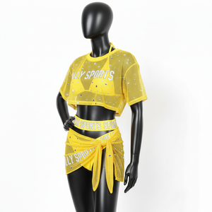 Ensemble de maillot de bain en polyester et élasthanne de haute qualité, jaune vif, tissu en maille douce, logo personnalisé en cristal, pour femme. - Product Image 3