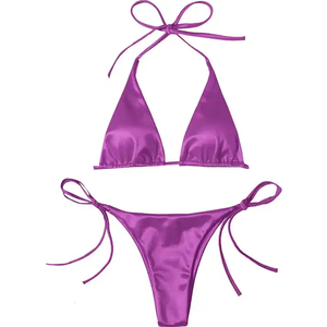 Ensemble bikini noir pour femme, 2 pièces, extensible, couleur unie, bas de maillot échancré avec cordon de serrage, soutien-gorge triangle tricoté - Product Image 4