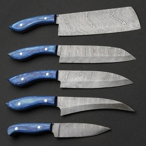 Damascus steel and blue marble texture handle chef <b>set</b> of 5 Pcs Professional <b>Kitchen</b> Knives <b>Accessory</b> OEM & Custom logo - Product Image 1