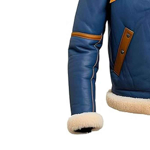 Chaqueta de cuero genuino azul para hombre, estilo vintage, para motociclista, con forro de piel sintética gruesa para invierno, con cierre de cremallera y cuello vuelto. - Product Image 4