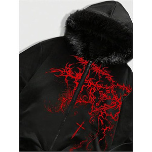 Men's Y2k Grunge Zip Up Hoodie Sweatshirts <b>Gothic</b> Fur Hooded <b>Jacket</b> Streetwear - Product Image 4