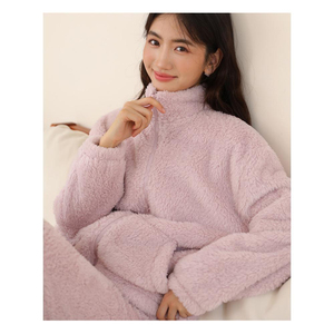Conjunto de Pijama de Forro Polar para Mujer, Manga Larga, Color Sólido, Cierre Frontal con Cremallera, Ropa de Dormir Cálida para Invierno, Tejido Suave, 100% Poliéster - Product Image 4