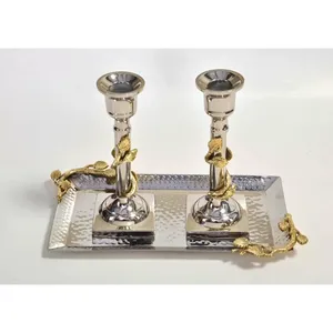 Silver <b>Round</b> Aluminium Tray with 2 Candle Holders Gold Leaf Design Modern Decorative Set for Christmas <b>Table</b> Styling - Product Image 1
