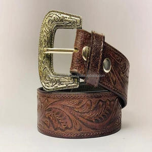 Ceinture d'outillage occidentale en cuir pour hommes, durable et confortable, boucle à ardillon unique en argent antique réglable avec relief floral - Product Image 1