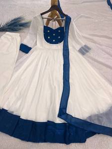 Women Elegant White Anarkali Gown with Blue Border Dupatta - Product Image 4