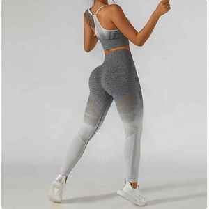 New Trending Article Wholesale Women Fitness Bodysuit New Knit Gradient Color High Waist Tight Exercise Yoga <b>Jumpsuit</b> Sportswear - Product Image 3