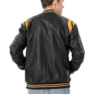 Chaqueta Bomber de Cuero Negra para Hombre, Cuello Alto, Logotipo Frontal, Estilo Piloto Vintage, Cierre de Cremallera, Cálida para Invierno, Casual, Corte Ajustado, Prenda Exterior de Moda - Product Image 4