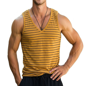 OEM Custom Men's Striped Sleeveless Muscle Shirts Plunging V-Neck Athletic Fitness Tank Top Wholesale Supply Tank Tops For Men - Product Image 4