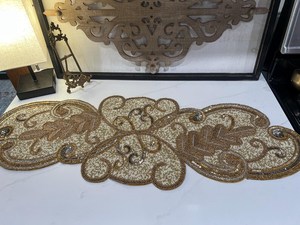 Vintage Embroidered Table <b>Runner</b> Floral Pattern Gold Beige Home Decor <b>Washable</b> Hand Wash - Product Image 1