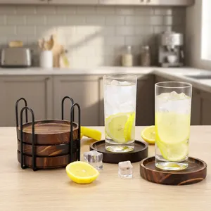 6Pcs Acacia Wood <b>Drink</b> <b>Coasters</b> Set with Holder | Wooden Tea Coffee Cup <b>Coasters</b> <b>for</b> Table Home Office Decor - Product Image 4