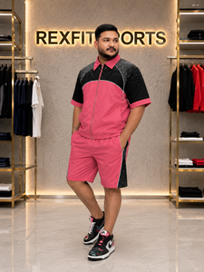REXFIT SPORTS 2026 Ensemble de survêtement rose et noir personnalisé, veste zippée à manches courtes et short long, deux pièces, style streetwear - Product Image 6