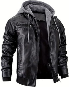 New Men's Faux <b>Leather</b> <b>Jacket</b> Motorcycle Biker <b>Jackets</b> Waterproof Windproof Genuine <b>Leather</b> <b>Jacket</b> with Removable Hood - Product Image 4