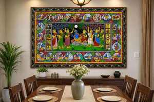 Pintura Tradicional India de Krishna Ras Leela Hecha a Mano, Arte de Pared Pattachitra en Lienzo para Sala de Estar, Comedor, Templo, Venta al Por Mayor - Product Image 4