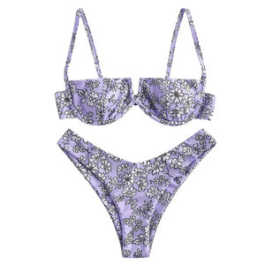Women's Striped <b>Crossed</b> Halter Neck High Waist 2 Piece Set Bandeau Bikini <b>Top</b> Spandex Polyester Stretch Swimwear Regular Fit - Product Image 1