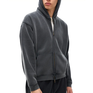 Custom Streetwear Men's <b>Zip</b> up <b>Hoodie</b> Washed <b>Black</b> Vintage Heavyweight Acid Wash Distressed <b>Zip</b> up <b>Hoodie</b> Printing Logo - Product Image 5