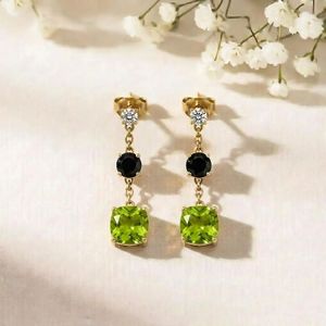 Peridot & Black Obsidian Drop <b>Earrings</b> With CZ Accent Minimalist Handmade Jewelry Elegant Stud Dangle <b>Earrings</b> Sterling <b>Silver</b> - Product Image 1