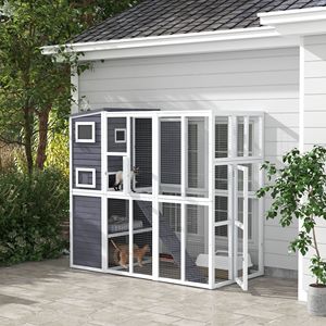 Cuccia per Animali Domestici da Esterno in Legno Grigio Chiaro con Piattaforme, Tetto in Asfalto e Rampe - Arredamento per Animali - Product Image 2