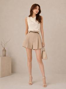 Women's Beige High Waist Pleated Shorts With <b>Belt</b> Minimalist Style Regular Fit Solid Color Breathable Woven Fabric - Product Image 1