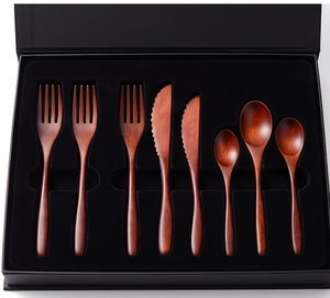 Juego de cubiertos de madera natural, cuchara, tenedor, cuchillo, acabado mate, diseño minimalista, para camping, fiestas, cocina y uso doméstico. - Product Image 3