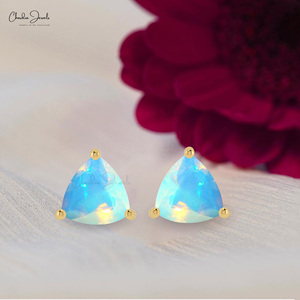 4MM Ethiopian <b>Opal</b> Gemstone Dainty <b>Earrings</b> Prong Set Trillion Cut Gemstone Crafted in 14k Solid Yellow Gold Stud <b>Earrings</b> - Product Image 1