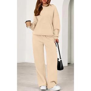 Ensemble de survêtement 2 pièces pour femme, à capuche, manches longues, couleur unie, en polaire respirant, avec poches latérales, taille élastique, décontracté, pour l'automne - Product Image 5