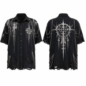 <b>Men's</b> Gothic Short Sleeve Shirt Black Printed <b>Cross</b> Design Ripped Hem <b>Chains</b> Casual Turn-down Collar Summer Style - Product Image 1