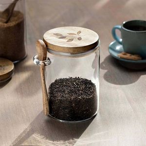 Práctico frasco de vidrio con tapa de madera para almacenar té, café, azúcar y refrigerios, con tapa hermética y diseño limpio. - Product Image 1
