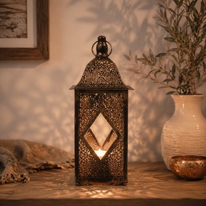 Heritage <b>Black</b> Metal Moroccan <b>Lantern</b> with Diamond Glass Window Intricate Cutwork Decorative Candle Holder for Home Decor - Product Image 1