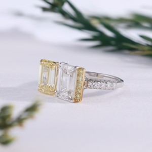 Classic Canary Yellow White Emerald Cut Diamond Open <b>Ring</b> Two Stone Toi et Moi Bypass <b>Crystal</b> Statement <b>Rings</b> Engagement <b>Ring</b> - Product Image 2