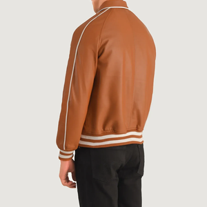 Men's Brown Genuine <b>Leather</b> Bomber <b>Jacket</b> Turn-down Collar Zipper Closure Casual Autumn Wear Regular Fit - Product Image 2