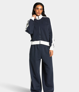 Pantalon large bleu marine pour femme, taille haute élastique, rayures latérales, coupe décontractée ample, longueur complète, en tricot de spandex et polyester - Product Image 4
