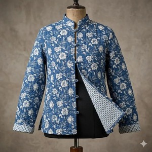 Indian Handmade <b>Knitted</b> Cotton Quilted Reversible <b>Animal</b> Print Three Quarter Sleeve Turn-down Collar Pullover Women's Jacket - Product Image 1