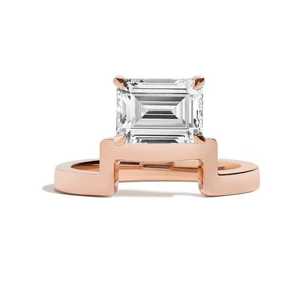 Anillo de compromiso de oro de 14K y 18K con diamante cultivado en laboratorio de corte esmeralda de 2 quilates, engaste de púas oriental y occidental, bandas solitarias arquitectónicas escalonadas, venta al por mayor - Product Image 5
