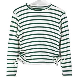 Camiseta de Manga Larga para Niña, Rayas Verdes y Blancas, Cuello Redondo, Corte Regular, Dobladillo con Cordón, Tela Suave y Transpirable, Estilo Casual, Bangladesh - Product Image 1