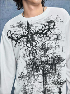 เสื้อยืดคอกลมแขนยาวผ้าฝ้ายทรงโอเวอร์ไซส์สำหรับผู้ชาย พิมพ์ลายตามสั่ง - Product Image 4